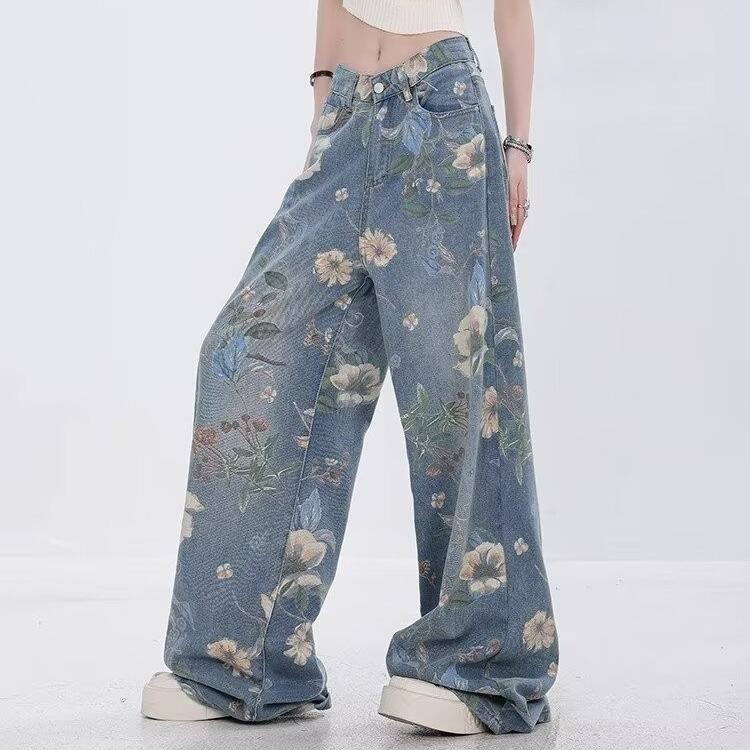 Blue Printed Wide-Leg Denim Pants - Summer 2024 Women's Retro Trousers