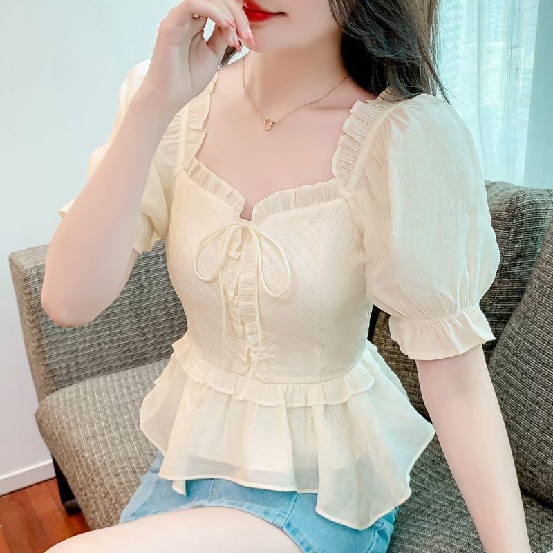 Chiffon Shirt Short Sleeve New Women's Niche and Unique Waist-hugging Top