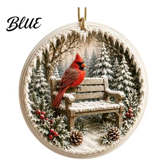 Festive Hanging Decor Acrylic Christmas Red Bird Ornament, Snow Scene Pattern Xmas Tree Ornaments Decor, Retro Round Pendant for Winter Holiday Party