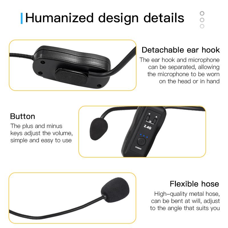 2.4GHz Wireless Lavalier Microphone Head-mounted Microphone Set with Receiver for Amplifier Voice Speaker Teaching Tour Guide