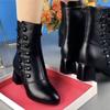 Women's Thick High Heeled Short Boots Soft Leather Plush Side Buttons Zip Martin Leather Boots