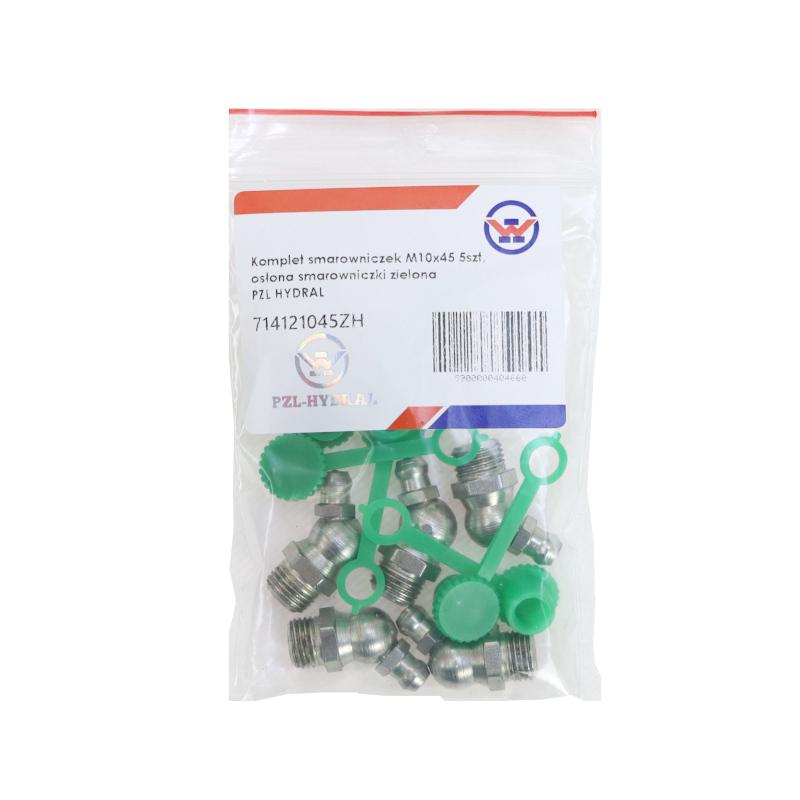 Set of grease nipples M10x45 5 pcs, green grease nipple cover PZL HYDRAL