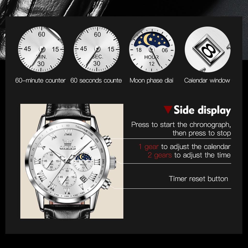 Часы Olevs Watch Chronograph Водонепроницаемые Светящиеся Часы Черный Кожаный Ремень Бизнес Кварцевые Наручные Часы Аналоговые Римские Цифры Легко читаемые Часы для Мужчин Дата
