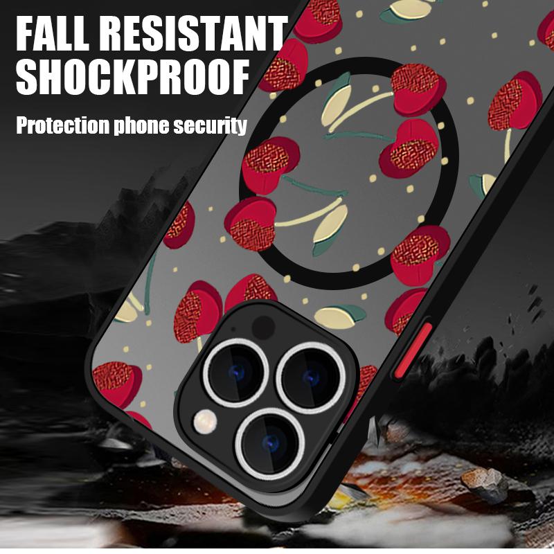Cherry Pattern Magnetic Shockproof Phone Case for iPhone 16 15 14 Plus 13 12 Pro Max 11 Acrylic Hard Clear Plain Color Soft Edges Lens Protection Case
