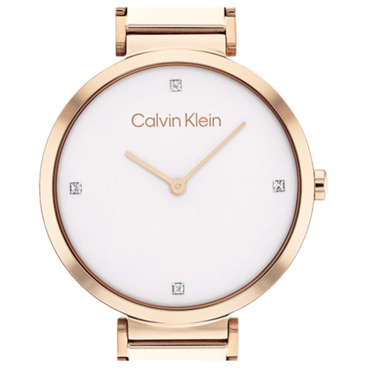 Calvin Klein Кварцевые часы Стальной ремешок Розовый циферблат Подарочная коробка Простые маленькие часы с цирконами Женские часы серебристые 25200138