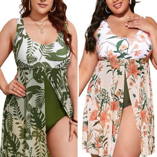 Женское монокини больших размеров с U-образным вырезом без рукавов и растительным принтом, цельный купальник с разрезом по краю, купальный костюм с контролем живота, быстросохнущая пляжная одежда