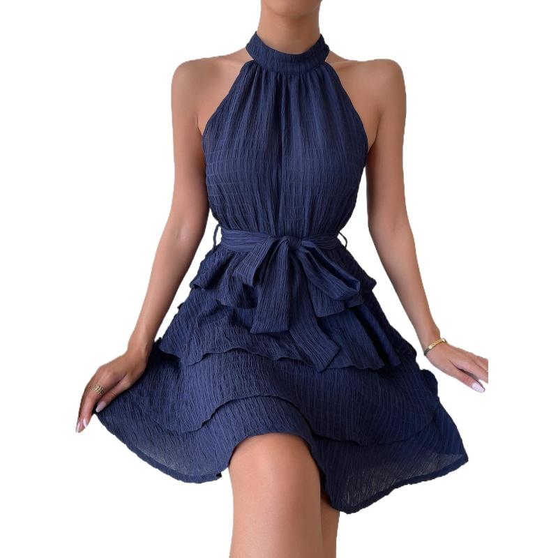 Новое летнее европейское и американское женское платье без рукавов с рюшами и висячим вырезом с круглым вырезом, платье S-XL