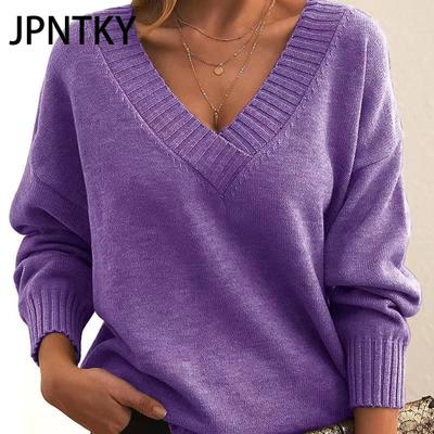 JPNTKY Женская мода повседневный однотонный принт осень зима длинный рукав V-образный вырез свободные свитера