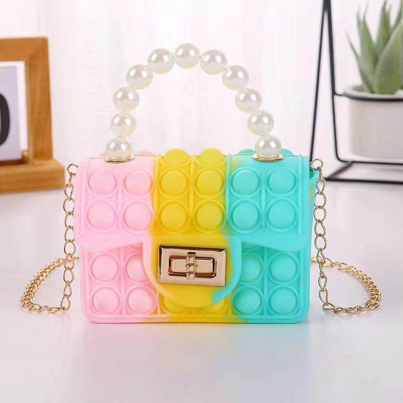 Silicone Love Bubble Jelly Bag, Popper Pressure Relieving Purse, Pop It Handbag With Faux Pearl Handle, Cute Chain Crossbody Bag