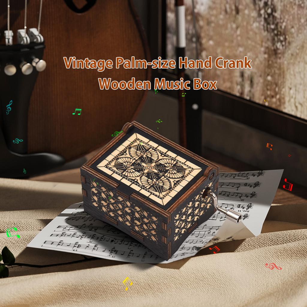 Vintage Wooden Music Box Palm-size Hand Crank Wood Case Musicbox Beautiful Carved Wooden Musical