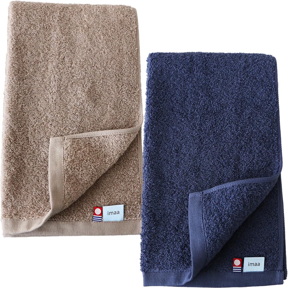 imaa Imabari Towel Certified Slim Bath Towel Made in Light Brown x Navy (Ima) 2-Piece Set Fluffy, Thin, Absorbent, Quick-Drying, Japan, 100% Cotton,