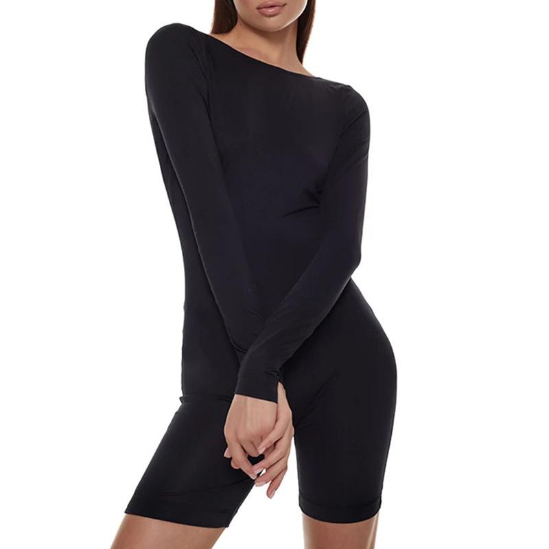 Европейский и американский осенний однотонный облегающий комбинезон с круглым вырезом и длинными рукавами, открытой спиной, для темпераментной пикантной девушки