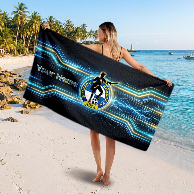 Bristol Rovers Custom Beach Towel, Personalized Name Text Print, Football Logo Soft Quick‑Dry Towel Holiday Gift