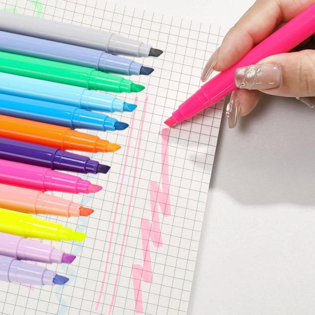 12pcs Fluorescent Highlighters Neon Colors Quick-Drying Chisel Tip Stain-Free Highlighters for School Office Supplies