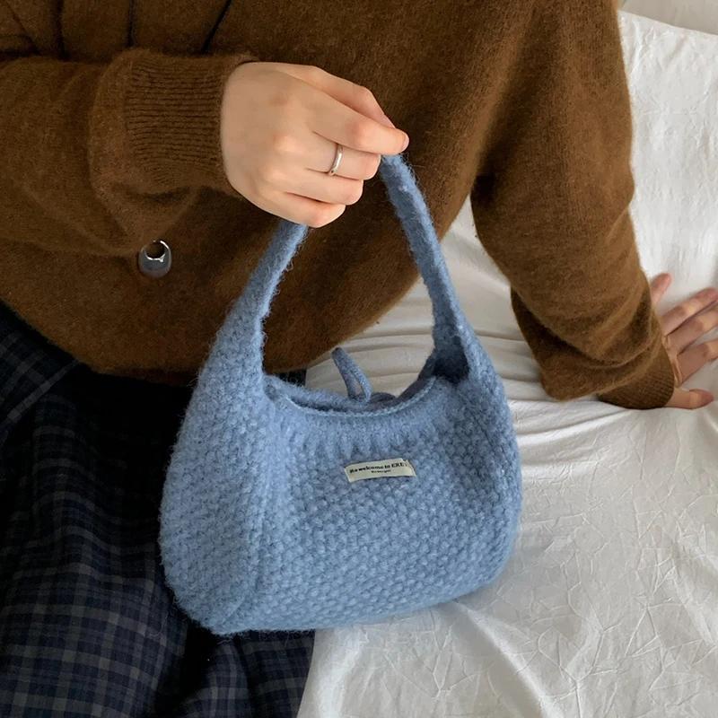 Knitted Tote Bag For Women Soft Shoulder Bag Daily Commuter Versatile All Match Handbag Double Sided Bow Underarm Purse