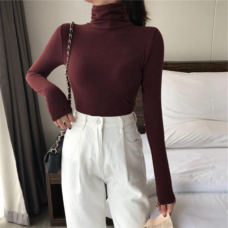 Women's Solid Color High Collar Slim Fit T-Shirt: Trendy Long-Sleeve Korean Style for Autumn/Winter 2025