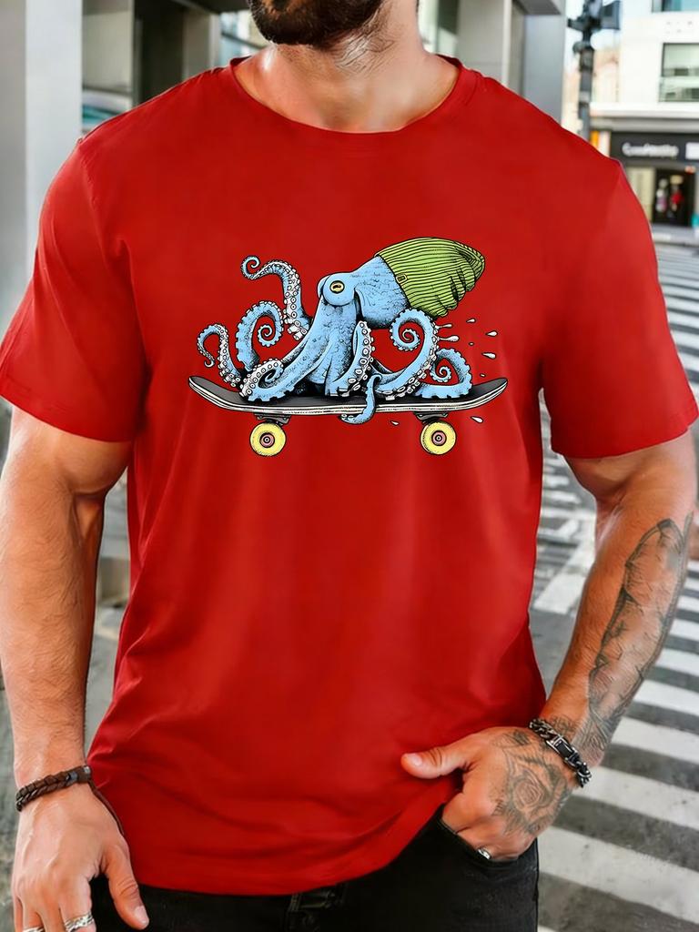 Octopus Wearing Beanie Riding Skateboard Graphic Unisexs Crew Neck Short Sleeve Cotton T Shirt Street Ocean Animal Male Casual Tee