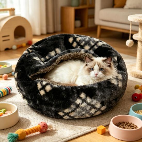 Плюшевая кровать-домик с капюшоном для кошки, Полузакрытое успокаивающее гнездо, Самосогревающаяся пещера, Уютная кровать для домашних кошек или маленьких собак, Съемная моющаяся обивка