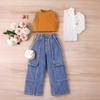 Комплект одежды для девочек: Летний детский повседневный однотонный свитер без рукавов и джинсовые брюки, комплект из двух предметов