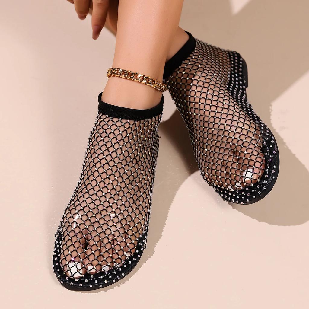 Women Luxury Brand Round Toe Flat Bottom Sandals Hollow Short Shoes Water Diamond Sexy Flats Ladies Shoes Designer Woman Flats