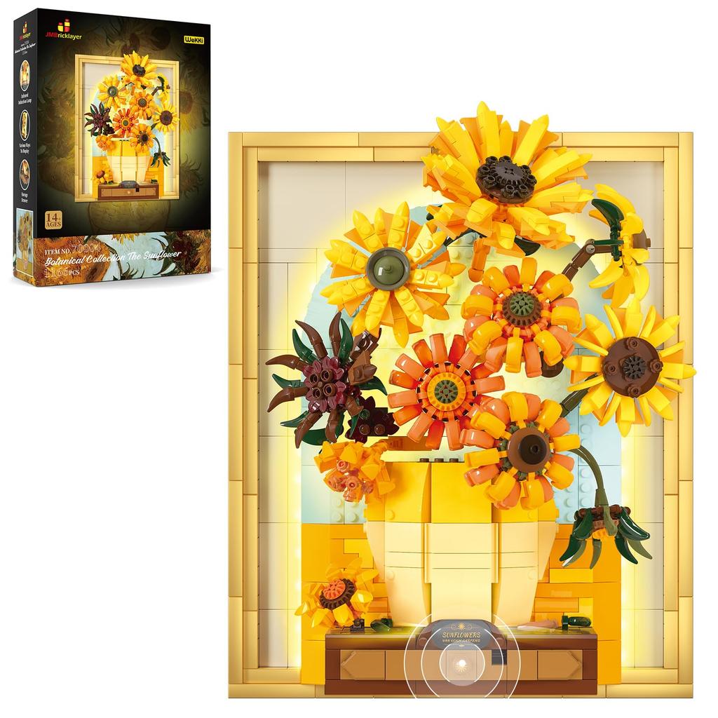 JMBricklayer Flower Sunflower Block Set with Light 70004, Van Gogh Wall Hanging Art Crafts, Sunflower Model Building Toy, Plant Painting Frame Room