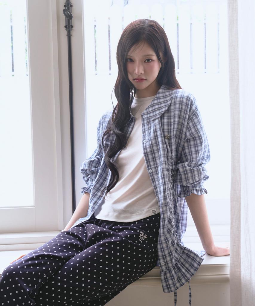 THE GREEN LAB Lovely Collar Check Frill Long Top [Blue]