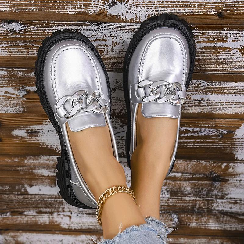 Модные лоферы Zoki на толстой подошве с серебряной цепочкой для женщин 2025 Модная женская обувь на платформе из искусственной кожи Комфортные слипоны Плюс размер 43