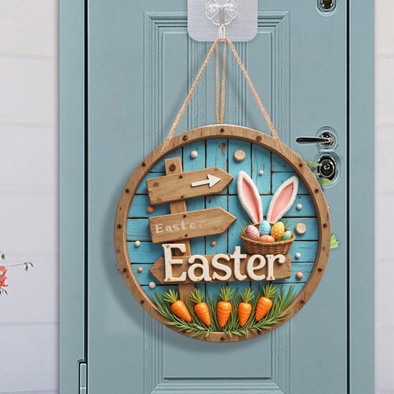 Hanging Bunny Easter Decor Sign Cartoon Easter Colorful Eggs Bunny Welcome Sign Spring Easter Party Indoor Outdoor Home Decor