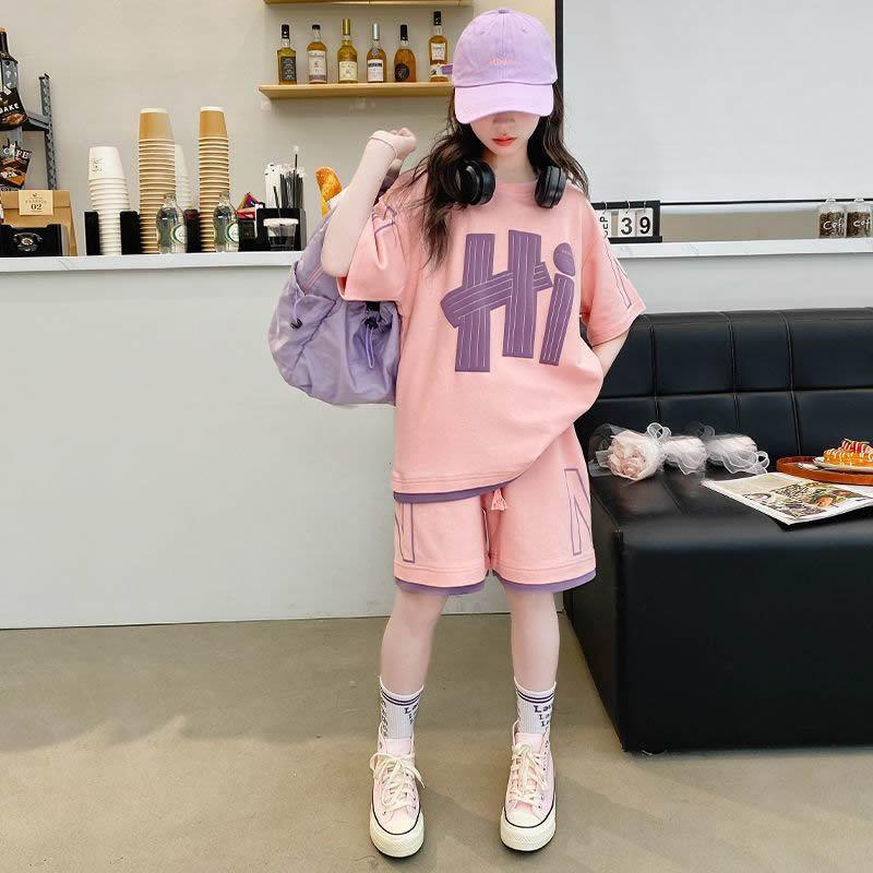 Summer Girls'  T-Shirts Sets Outfit Kids Short Sleeve Tops+Shorts 2Pcs Children Clothes Teen Loose Casual Suits Sporty Outfits