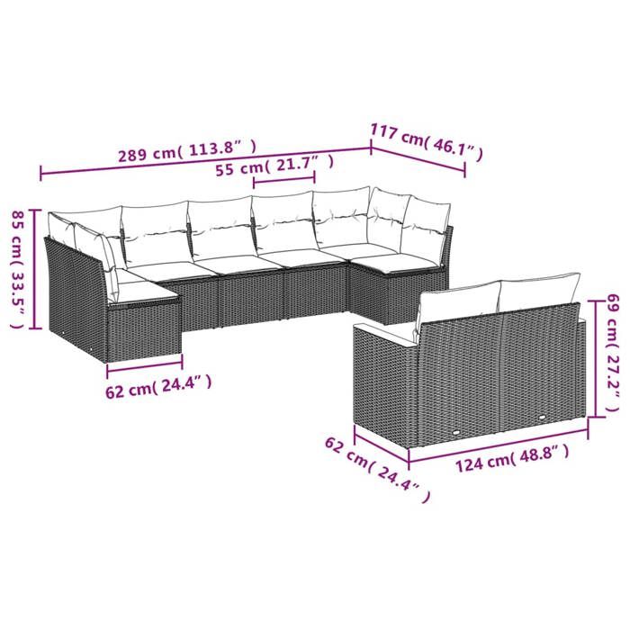 VidaXL Salon de Jardin avec Coussins 9 pcs, Canapés de Terrasse, Ensemble de Meubles de Patio, Mobilier d'Extérieur, Noir 3226286