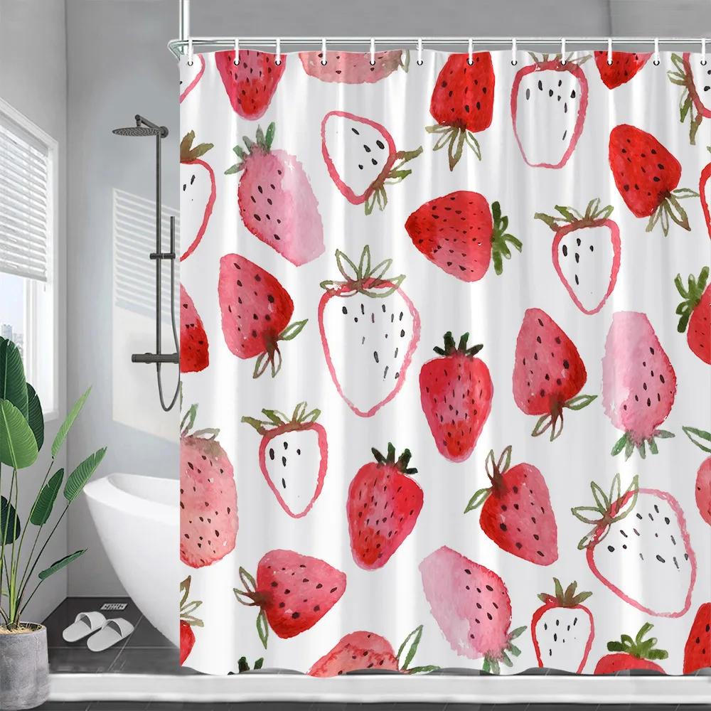 Мультфильмы Фрукты Вишня Занавеска для душа Вишни Зеленый лист Принт Занавески Водонепроницаемый Полиэстер Декор для ванной комнаты Настенное украшение