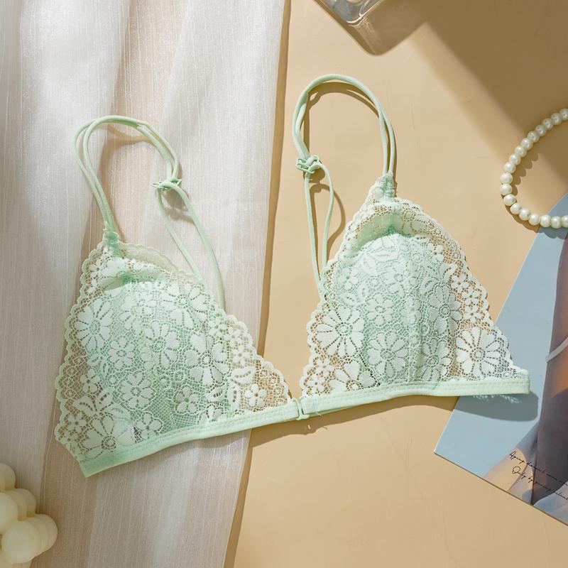Women's Lace Bra Underwire Less See Through Bra Small Chest Triangle Cup Ultra-thin Lace Bra Pure Desire Beautiful Back Front Buckle Bra