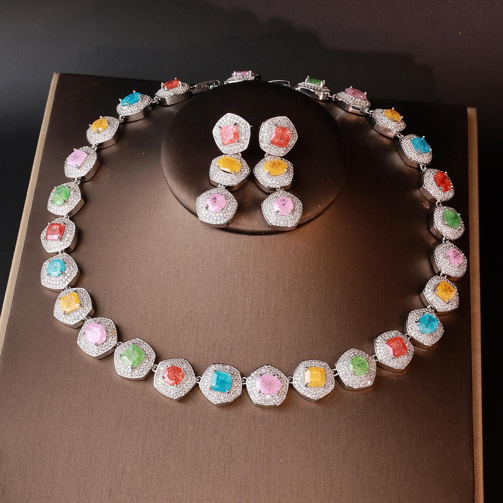 Luxury Multicolor Zircon Necklace Earring Bracelet Set for Women Elegant Geometric Design Crystal Jewelry Party Wedding gift