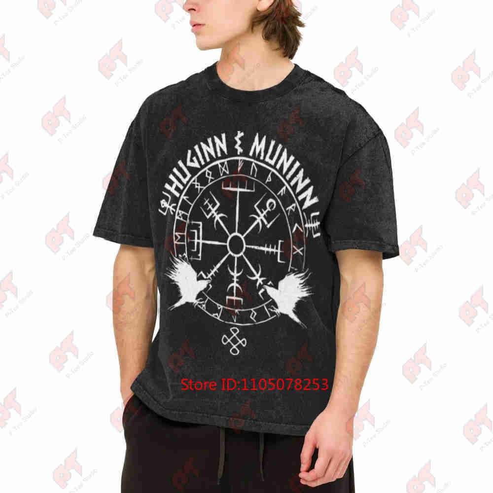 Odins Raben Huginn Und Muninn Wikinger Runenkreis Vintage Washed Tee Pure Cotton T-Shirt