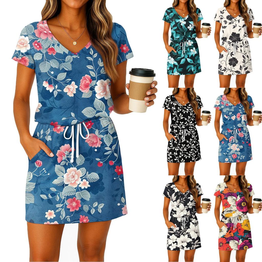 Women's Summer V-Neck Short Sleeved Drawstring With Pocket Floral Print Casual Dress