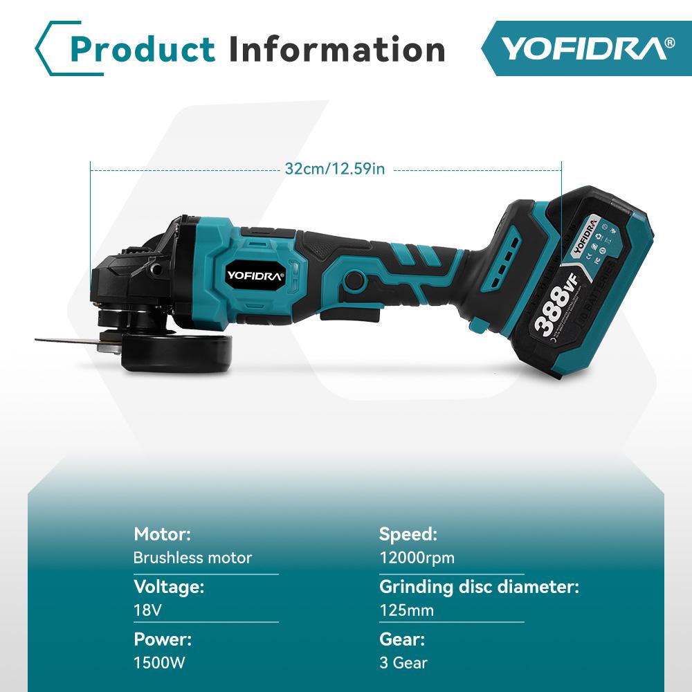 Yofidra 1500 Вт 125 мм бесщеточная угловая шлифовальная машина 3 передачи аккумуляторная шлифовальная машина режущий деревообрабатывающий электроинструмент для Makita 18 В аккумулятор