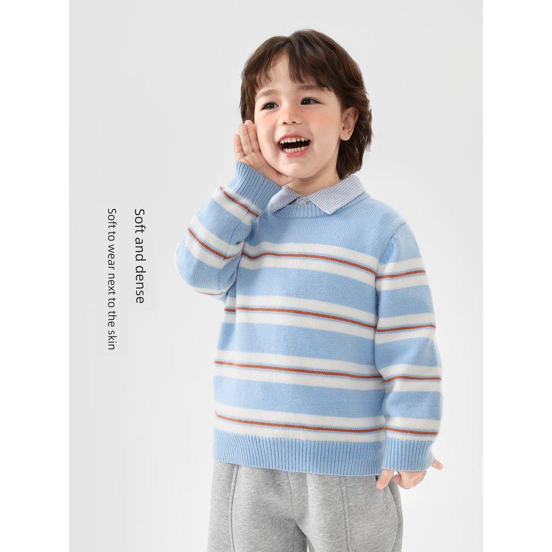 Right European Style Boys' Winter Casual Round-Neck Striped Sweater 2025 Winter New Knit Top Children's Clothing
