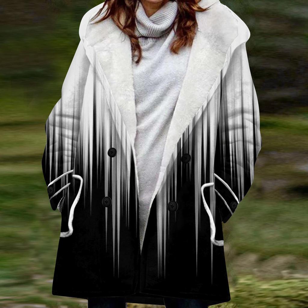 Женская большая куртка с теплой и плюшевой курткой на пуговицах с капюшоном и карманами