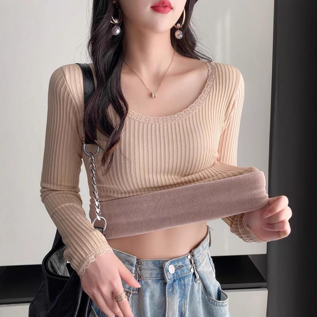 Lamb Wool Warm Top Women's Winter New Style Plus Fleece Thickened Inside with Autumn Clothing Elastic Slim-fit Undershirt Underwear Tide