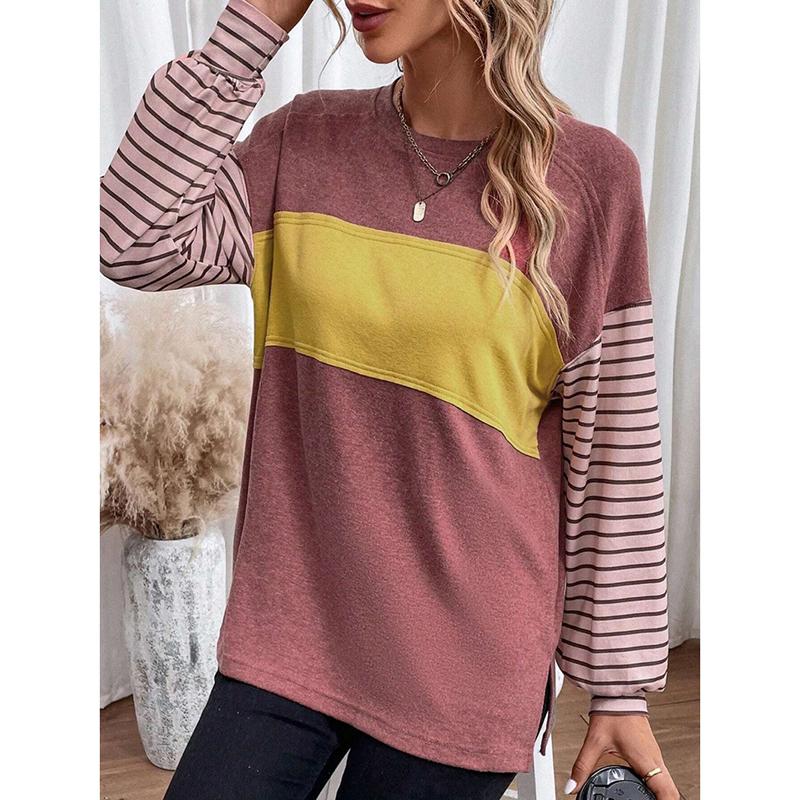 Весенняя повседневная полосатая свободная футболка с круглым вырезом для женщин, осенняя футболка с длинным рукавом больших размеров для женщин, модная элегантная простая офисная женская футболка 25782