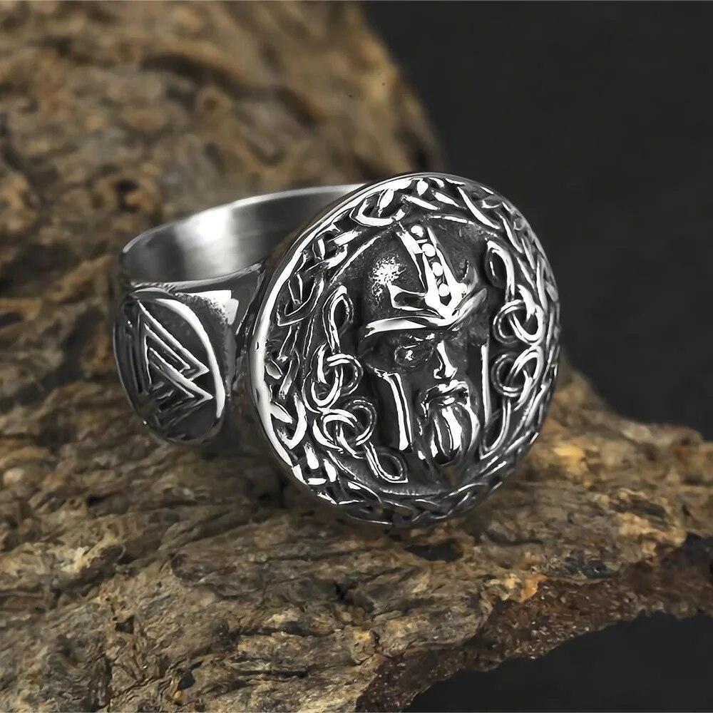 Men Biker Nordic Viking Rings Stainless Steel Retro Nordic Ethnic Belief Odin Viking Rune Ring Men Amulet Jewelry