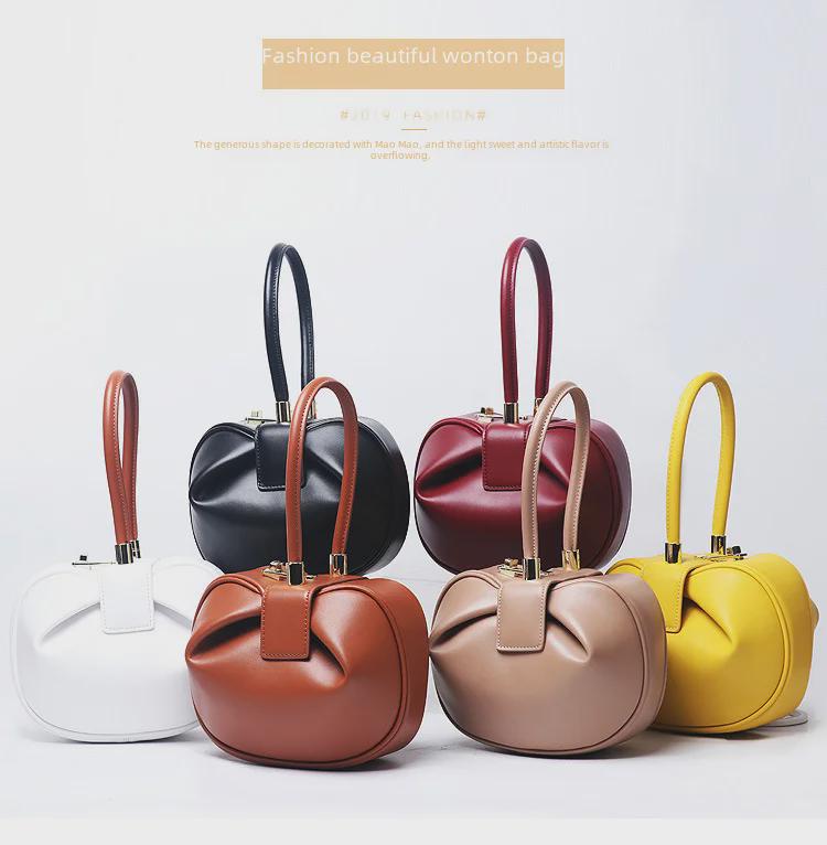 Genuine Leather Women's Wonton Bucket Handbag – Clutch, Shoulder Bag, Small Round Crossbody
