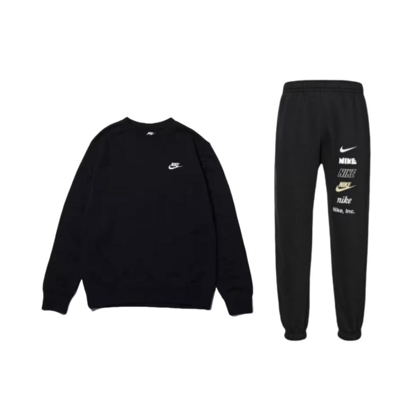 Nike Logo Crew Neck Drop Shoulder Long Sleeve Top Warm Casual Cuffed Knit Sports Pants Hoodie Set Unisex Sets Black BV2667-010+DX0796-010