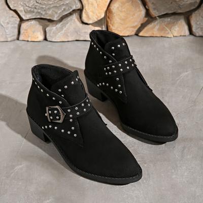 Модные осенние новые грубые каблуки одинарные ботинки женские замшевые с круглым носком и заклепками на рукавах противоскользящие износостойкие короткие ботинки