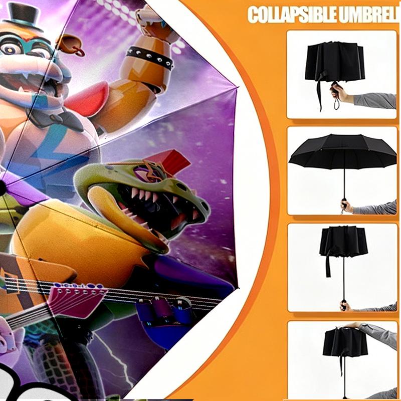 Custom Name Personalized Five Nights at Freddy's Print Umbrella, Auto Open Close, 8‑Rib Sturdy Frame, Commute Camping Hiking Use, Birthday Gift