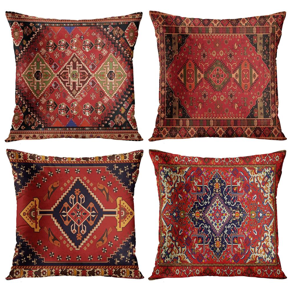 Red Moroccan Ethnic Pattern Petal Short Plush Pillowcase Sofa Cushion Cover Home Decoration Can Be Customized for You 40x40