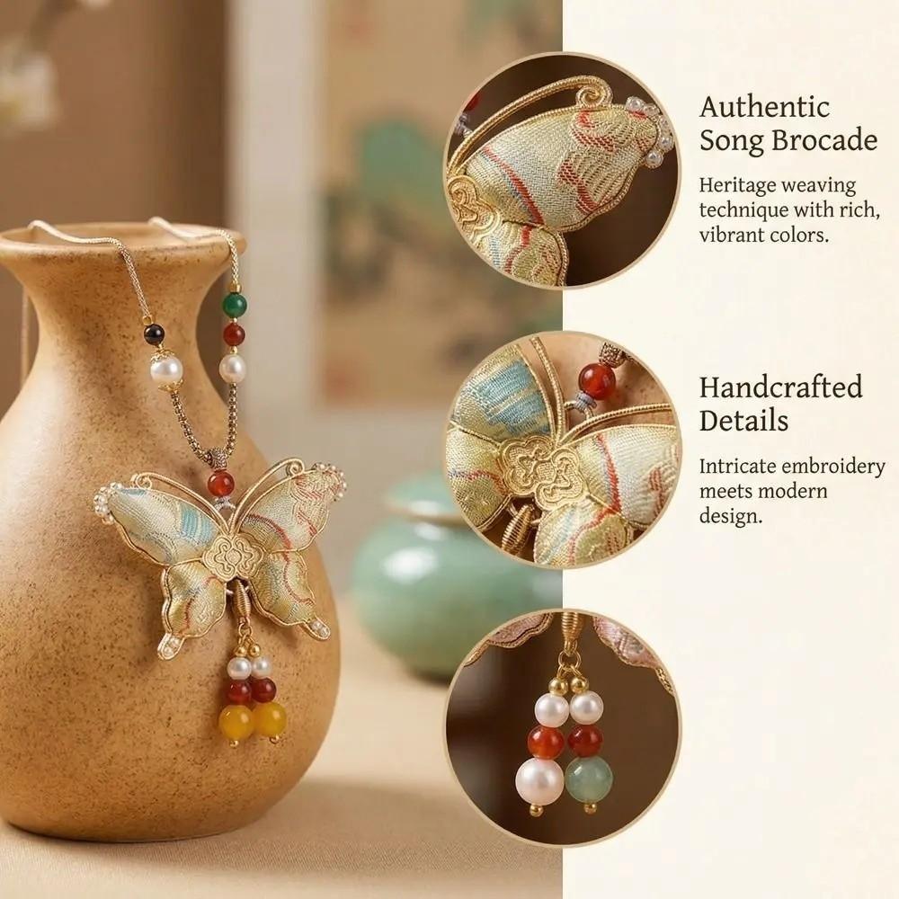 Butterfly Pendant Tassels Necklace Ethnic Style Embroidered Pendant Necklace Ethnic Fashion