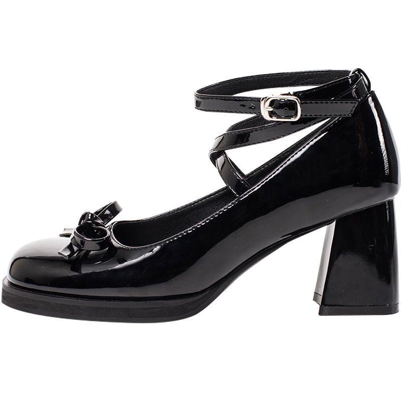 Black Cross Buckle Strap High Heels for Women's Spring New Style Square Toe Patent Leather Single Shoes Butterfly Bow High Heels