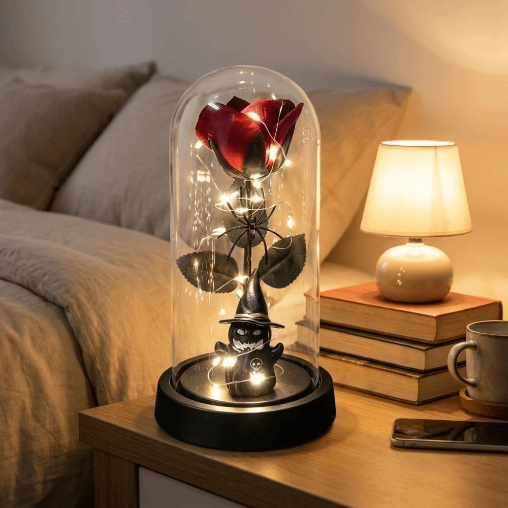 Transparent Cover Artificial Rose Night Light Realistic Ghost Rose Ornament Halloween
