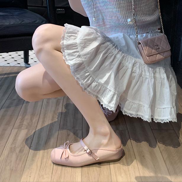 Версия из овчины~ Премиальные серебристые кожаные тапочки с внутренней танкеткой женские летние с бантом, с закрытым носком, на толстой подошве, полутапочки-сандалии